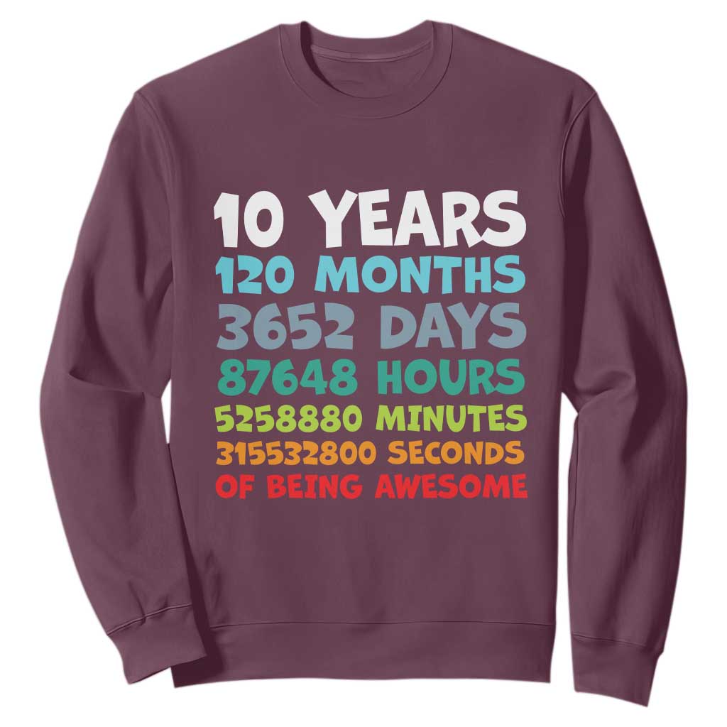 10 Year Old Bday Sweatshirt 10 Years 120 Months Of Being Awesome 10th Birthday Gifts TS10 Maroon Print Your Wear