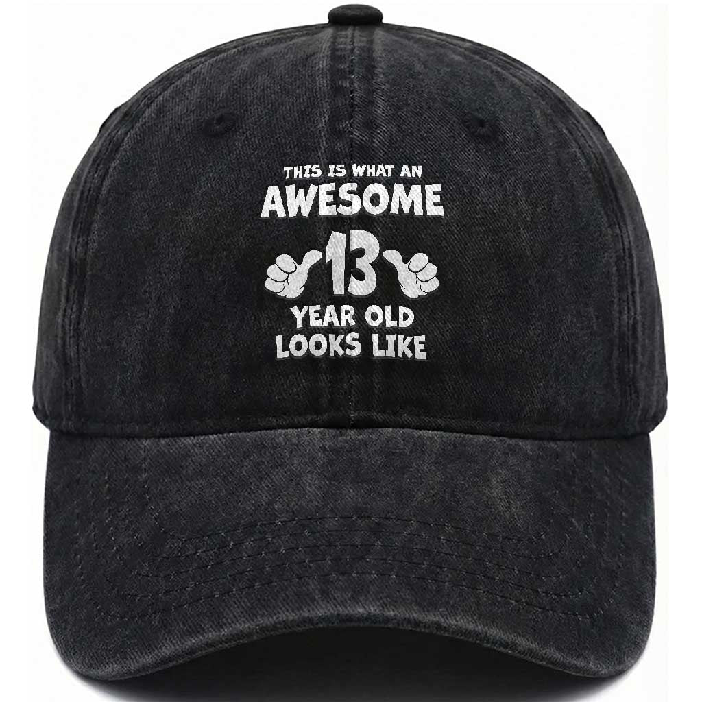 13th Birthday Washed Cotton Baseball Cap Awesome 14 Year Old Looks Like TS10 Washed Cap Universal Fit Black Print Your Wear