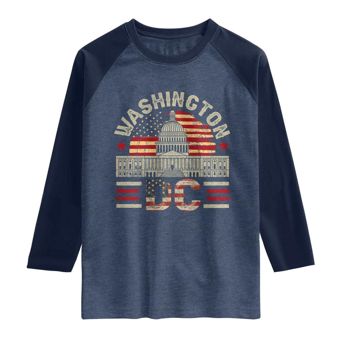 Washington DC Raglan Shirt Retro US Flag Souvenir Gift TS10 Heather Denim Navy Print Your Wear