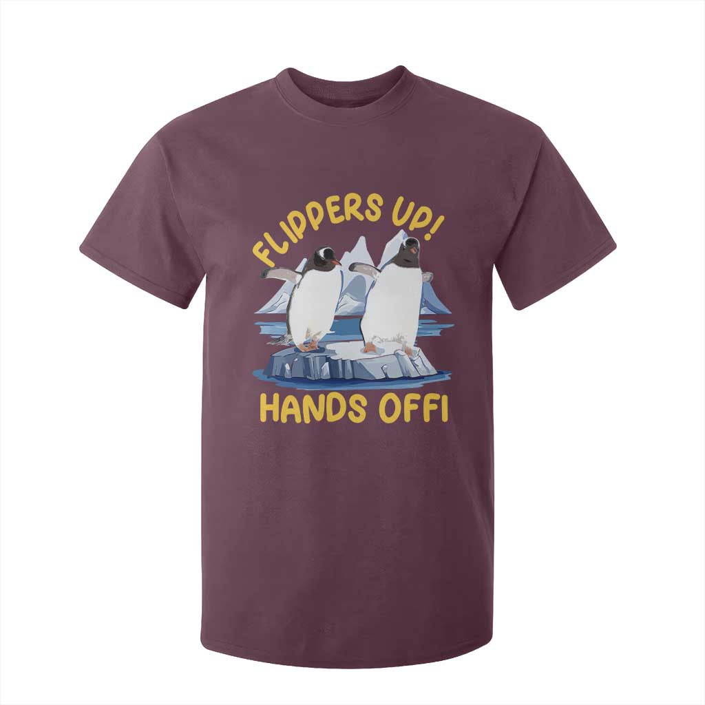 Penguins Resist T Shirt For Kid Flippers Up Hands Off Protest Against Tariffs TS10 Maroon Print Your Wear