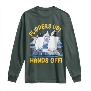 Penguins Resist Long Sleeve Shirt Flippers Up Hands Off Protest Against Tariffs TS10 Dark Forest Green Print Your Wear