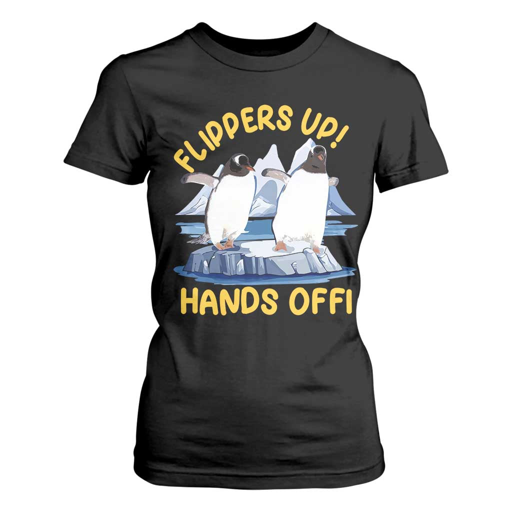 Penguins Resist T Shirt For Women Flippers Up Hands Off Protest Against Tariffs TS10 Black Print Your Wear