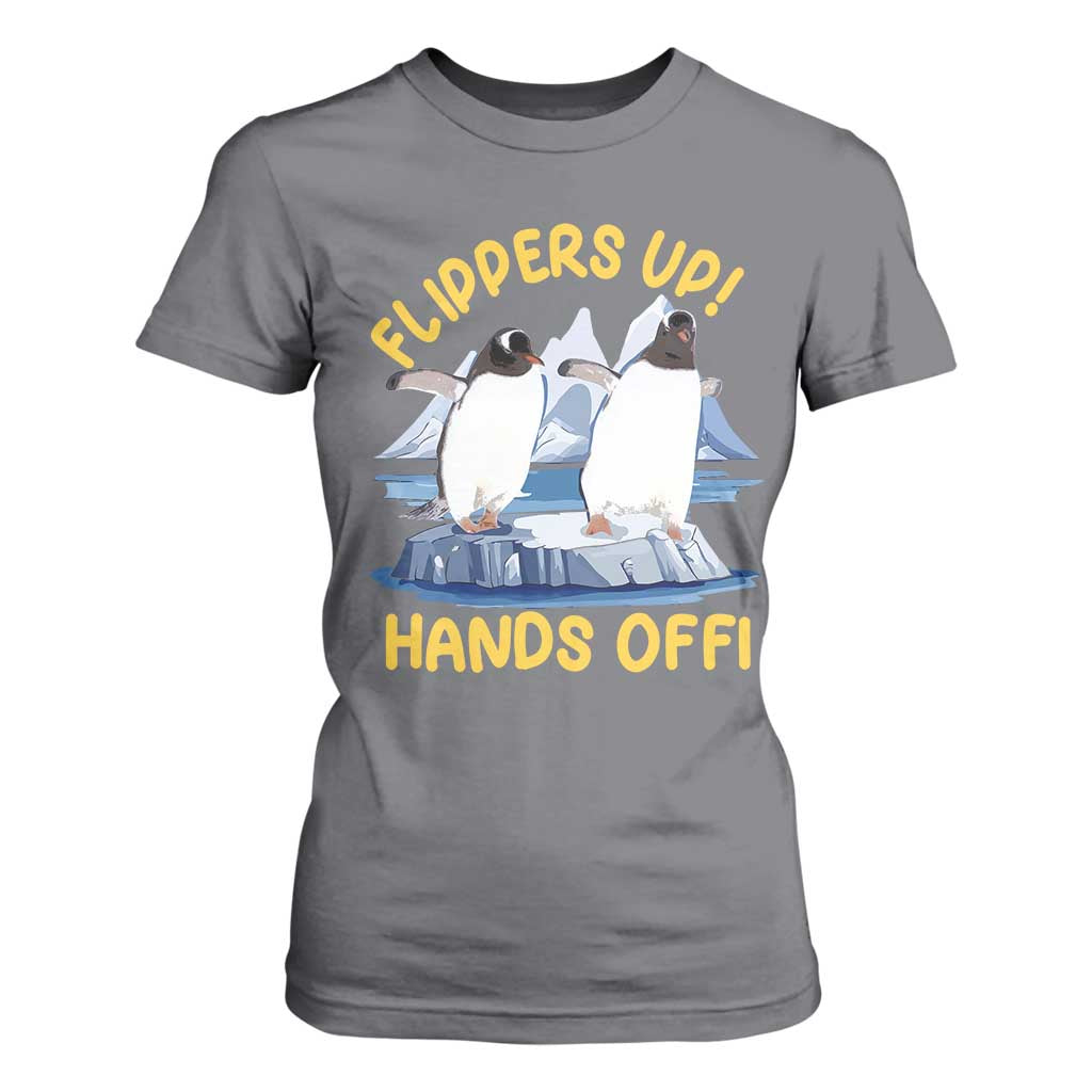 Penguins Resist T Shirt For Women Flippers Up Hands Off Protest Against Tariffs TS10 Charcoal Print Your Wear