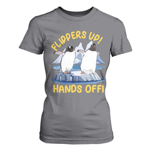 Penguins Resist T Shirt For Women Flippers Up Hands Off Protest Against Tariffs TS10 Charcoal Print Your Wear