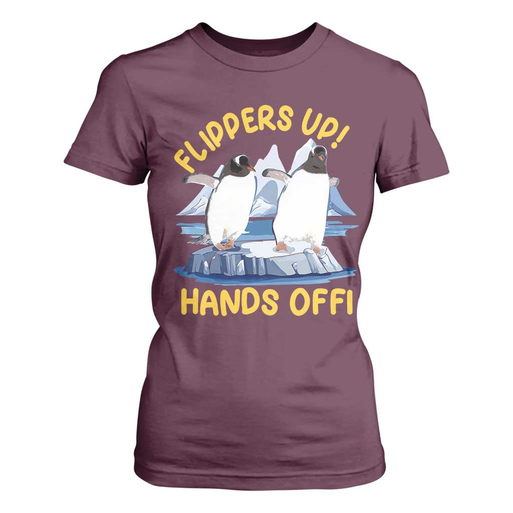 Penguins Resist T Shirt For Women Flippers Up Hands Off Protest Against Tariffs TS10 Maroon Print Your Wear