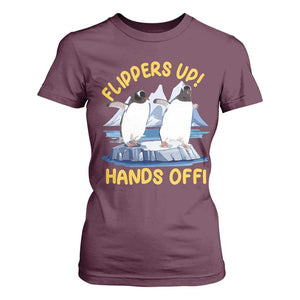 Penguins Resist T Shirt For Women Flippers Up Hands Off Protest Against Tariffs TS10 Maroon Print Your Wear