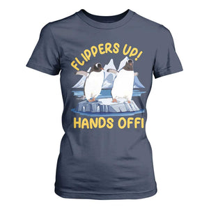 Penguins Resist T Shirt For Women Flippers Up Hands Off Protest Against Tariffs TS10 Navy Print Your Wear