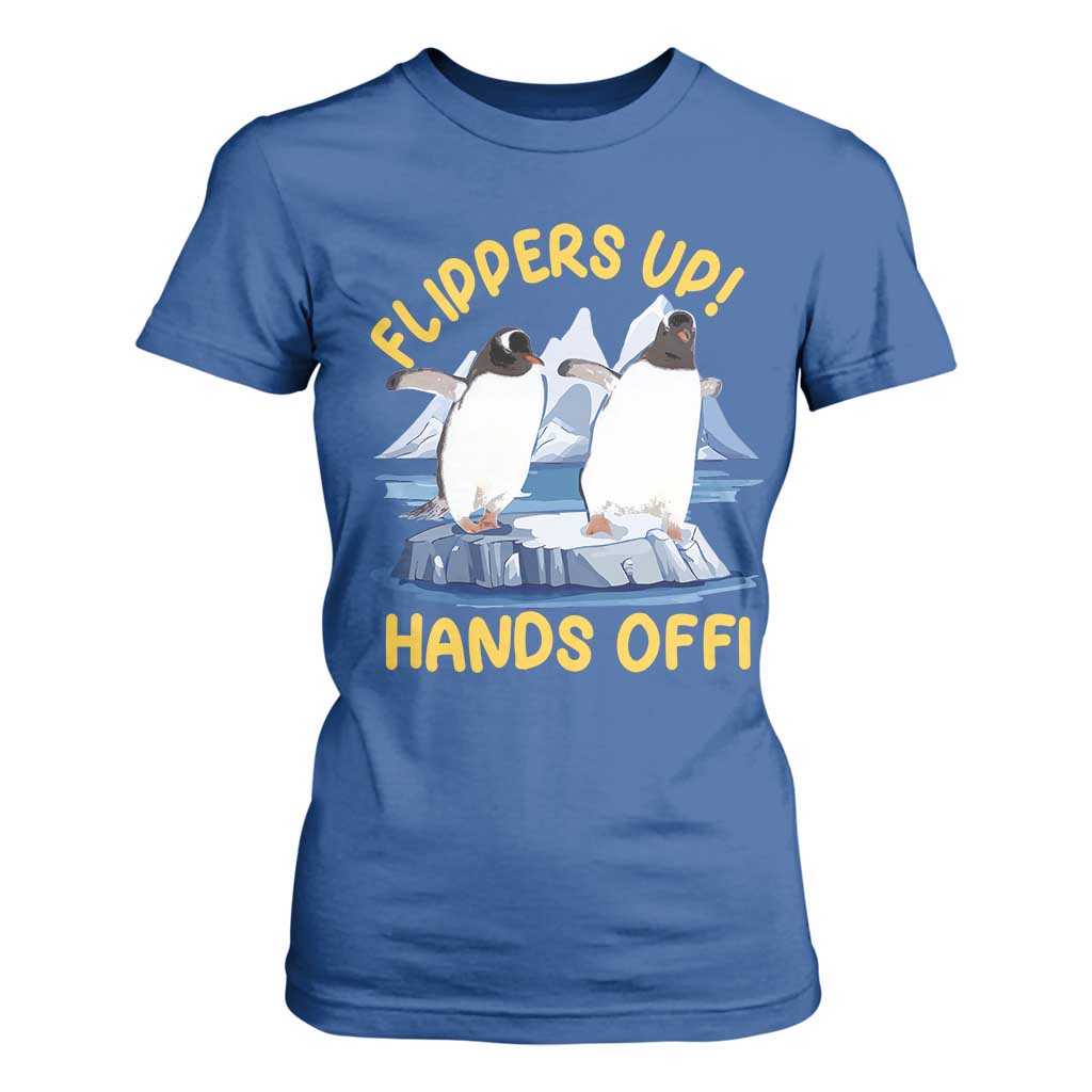 Penguins Resist T Shirt For Women Flippers Up Hands Off Protest Against Tariffs TS10 Royal Blue Print Your Wear