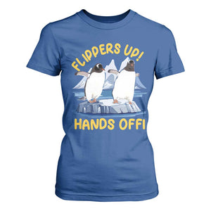 Penguins Resist T Shirt For Women Flippers Up Hands Off Protest Against Tariffs TS10 Royal Blue Print Your Wear