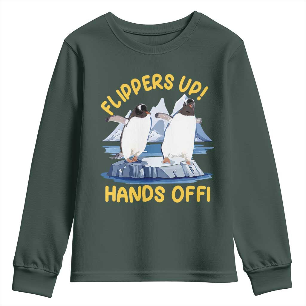 Penguins Resist Youth Sweatshirt Flippers Up Hands Off Protest Against Tariffs TS10 Dark Forest Green Print Your Wear