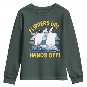 Penguins Resist Youth Sweatshirt Flippers Up Hands Off Protest Against Tariffs TS10 Dark Forest Green Print Your Wear