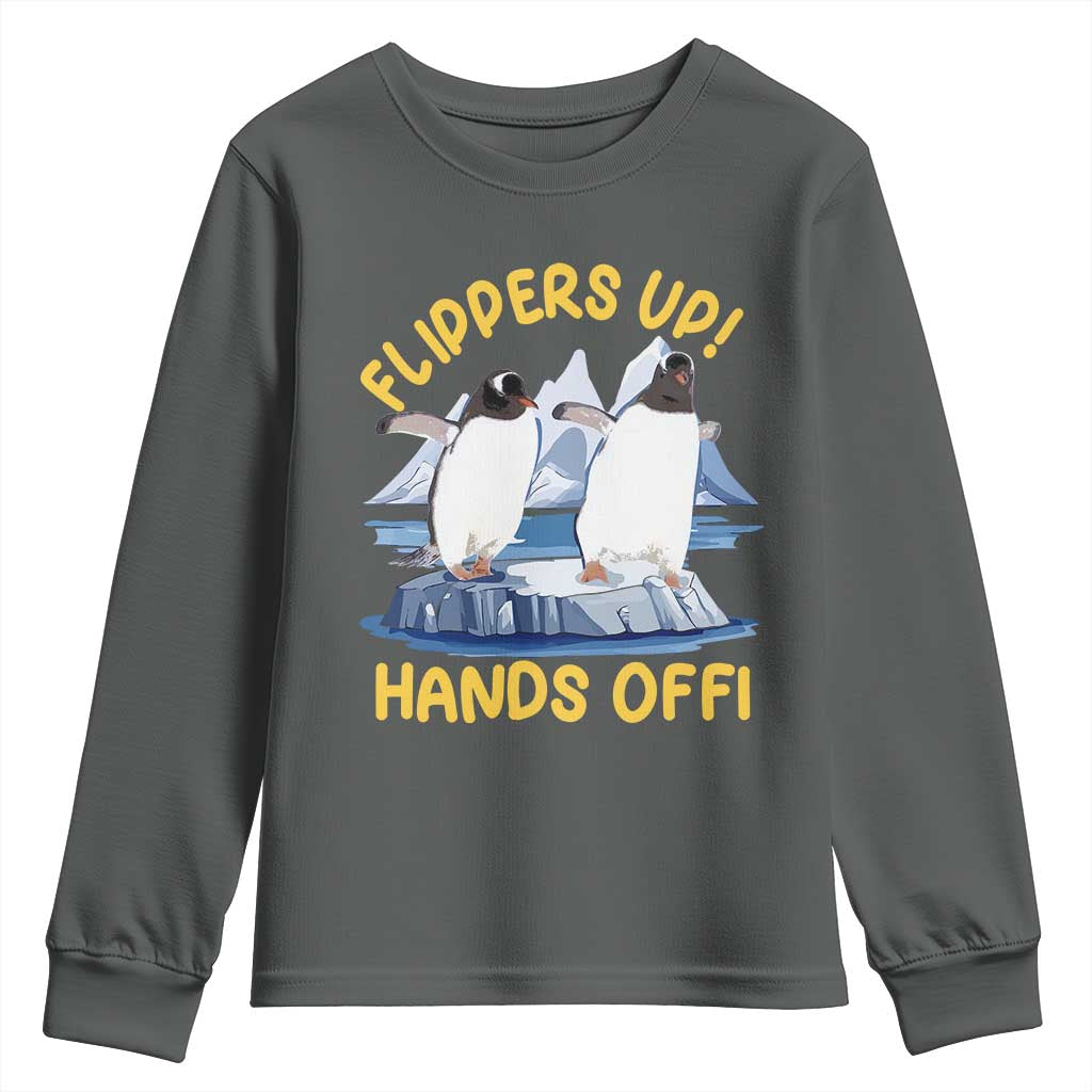 Penguins Resist Youth Sweatshirt Flippers Up Hands Off Protest Against Tariffs TS10 Dark Heather Print Your Wear