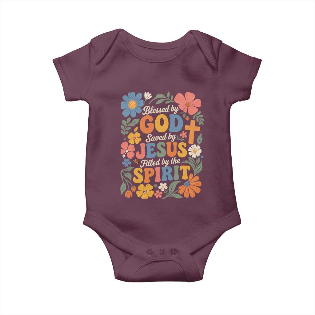 Boho Floral Christian Baby Onesie Blessed Saved By Jesus Cross Flower TS10 Maroon Print Your Wear