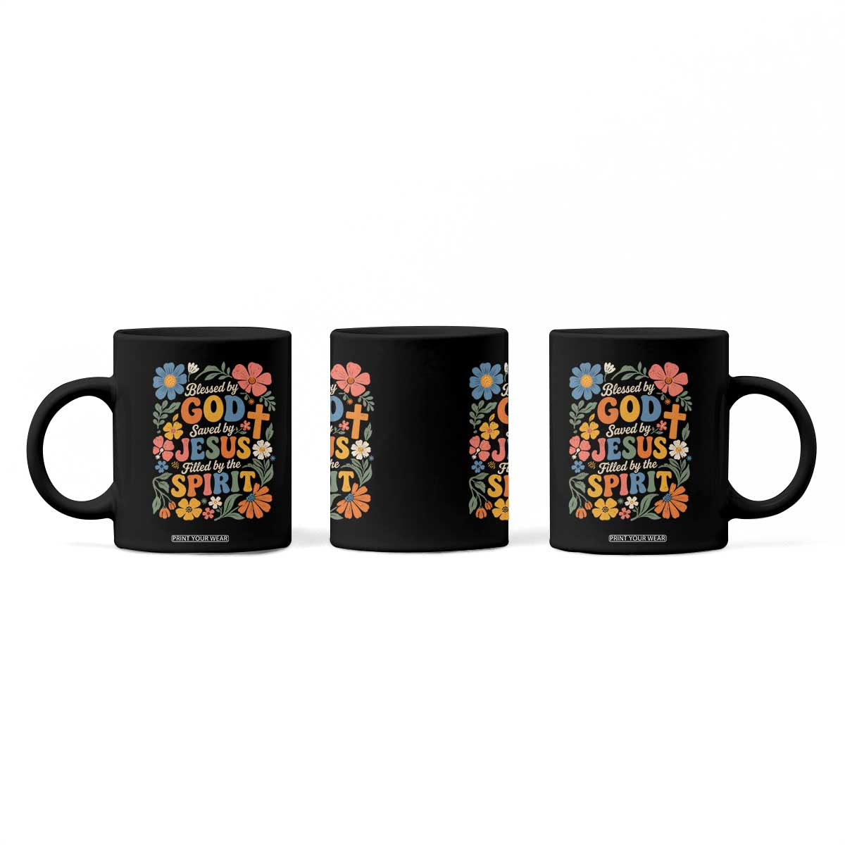 Boho Floral Christian Coffee Mug Blessed Saved By Jesus Cross Flower TS10 Print Your Wear