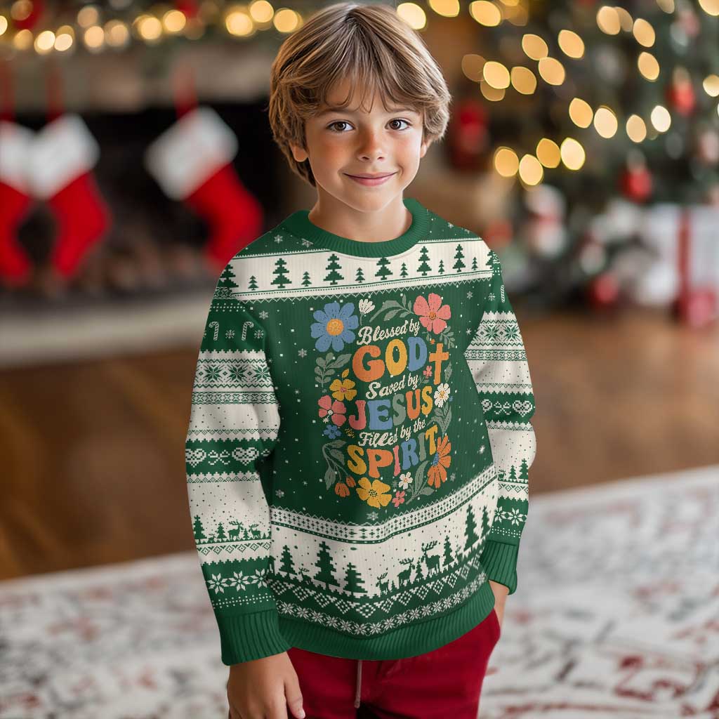 Boho Floral Christian Ugly Christmas Sweater Blessed Saved By Jesus Cross Flower TS10 Forest Green Beige Print Your Wear