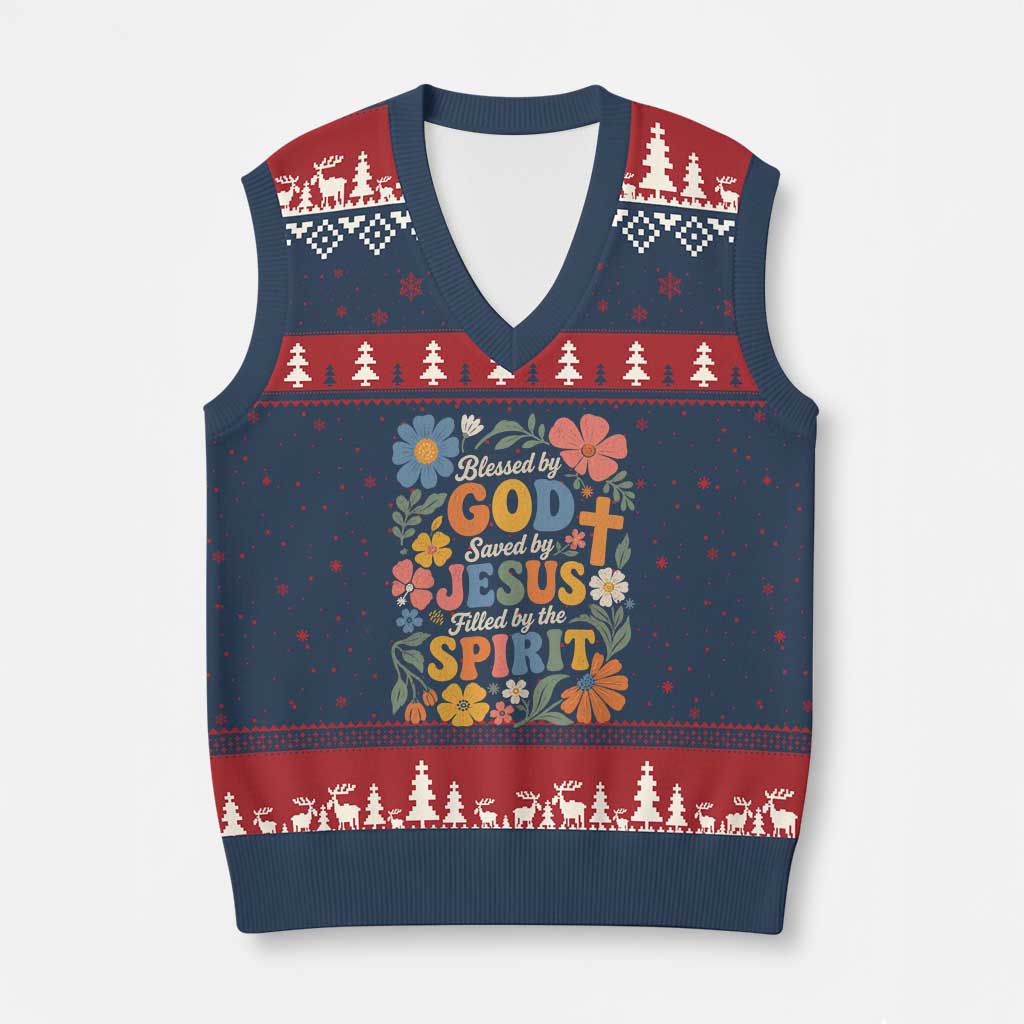 Boho Floral Christian V-Neck Knit Sweater Vest Blessed Saved By Jesus Cross Flower TS10 Navy Red Print Your Wear