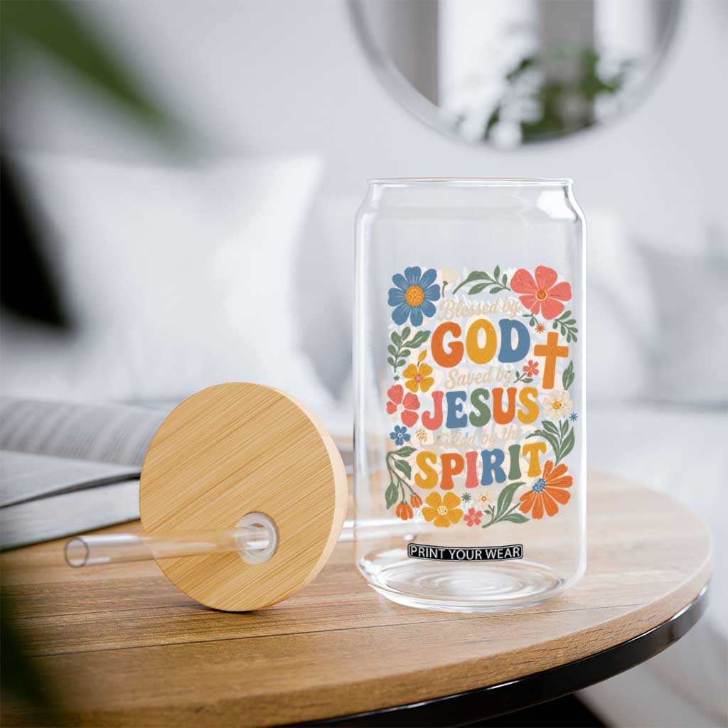 Boho Floral Christian Glass Can Blessed Saved By Jesus Cross Flower TS10 Print Your Wear