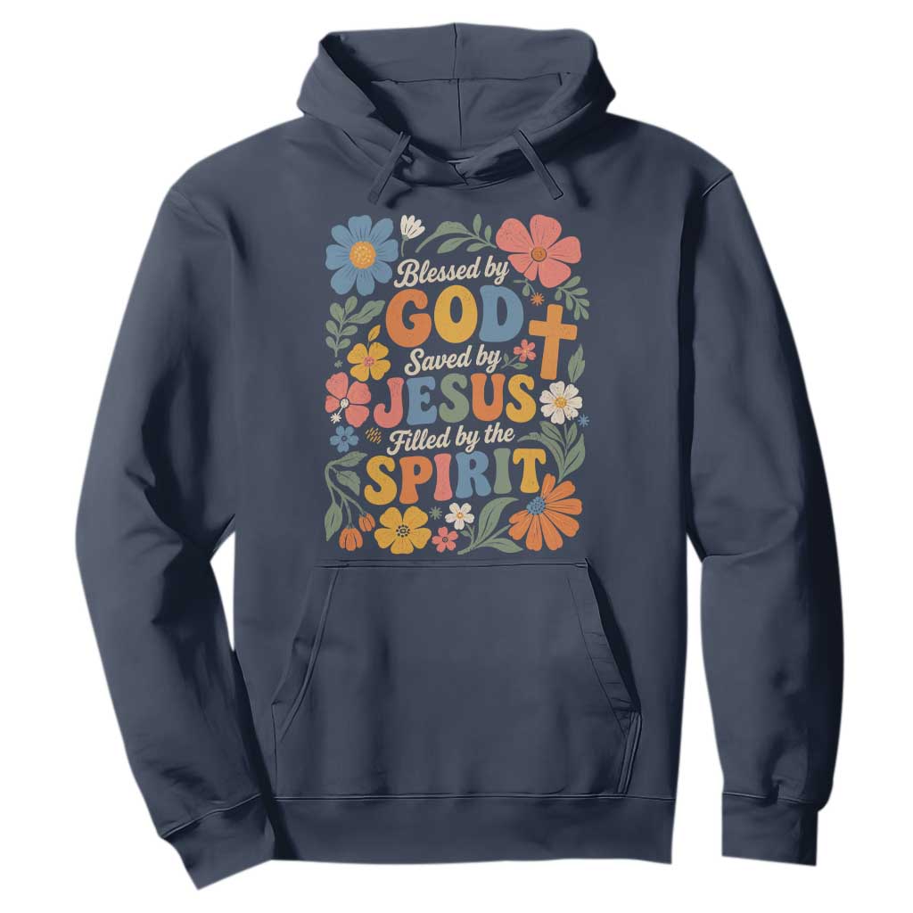 Boho Floral Christian Hoodie Blessed Saved By Jesus Cross Flower TS10 Navy Print Your Wear