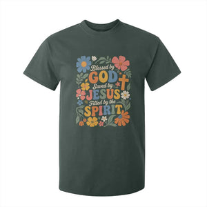 Boho Floral Christian T Shirt For Kid Blessed Saved By Jesus Cross Flower TS10 Dark Forest Green Print Your Wear