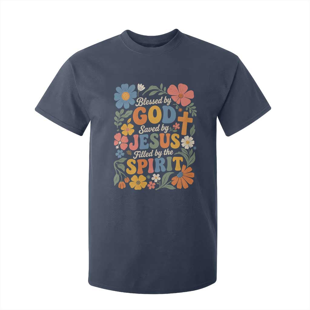 Boho Floral Christian T Shirt For Kid Blessed Saved By Jesus Cross Flower TS10 Navy Print Your Wear