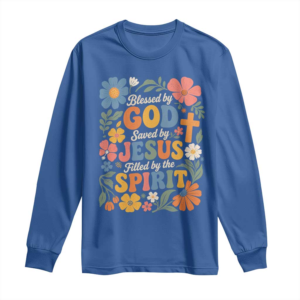 Boho Floral Christian Long Sleeve Shirt Blessed Saved By Jesus Cross Flower TS10 Royal Blue Print Your Wear