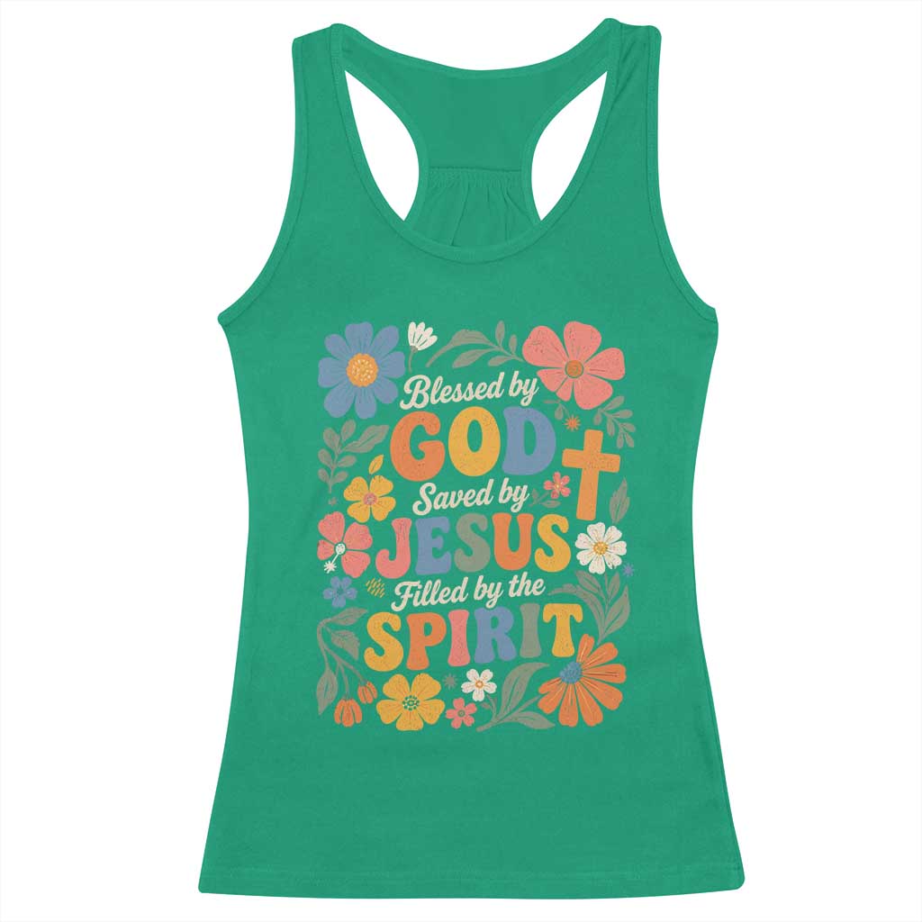 Boho Floral Christian Racerback Tank Top Blessed Saved By Jesus Cross Flower TS10 Irish Green Print Your Wear