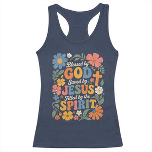 Boho Floral Christian Racerback Tank Top Blessed Saved By Jesus Cross Flower TS10 Navy Print Your Wear