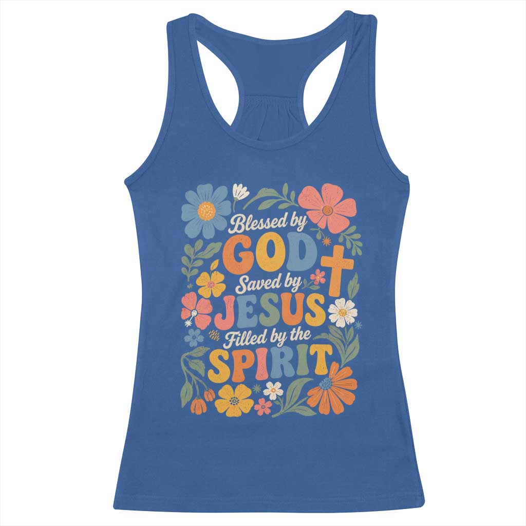 Boho Floral Christian Racerback Tank Top Blessed Saved By Jesus Cross Flower TS10 Royal Blue Print Your Wear