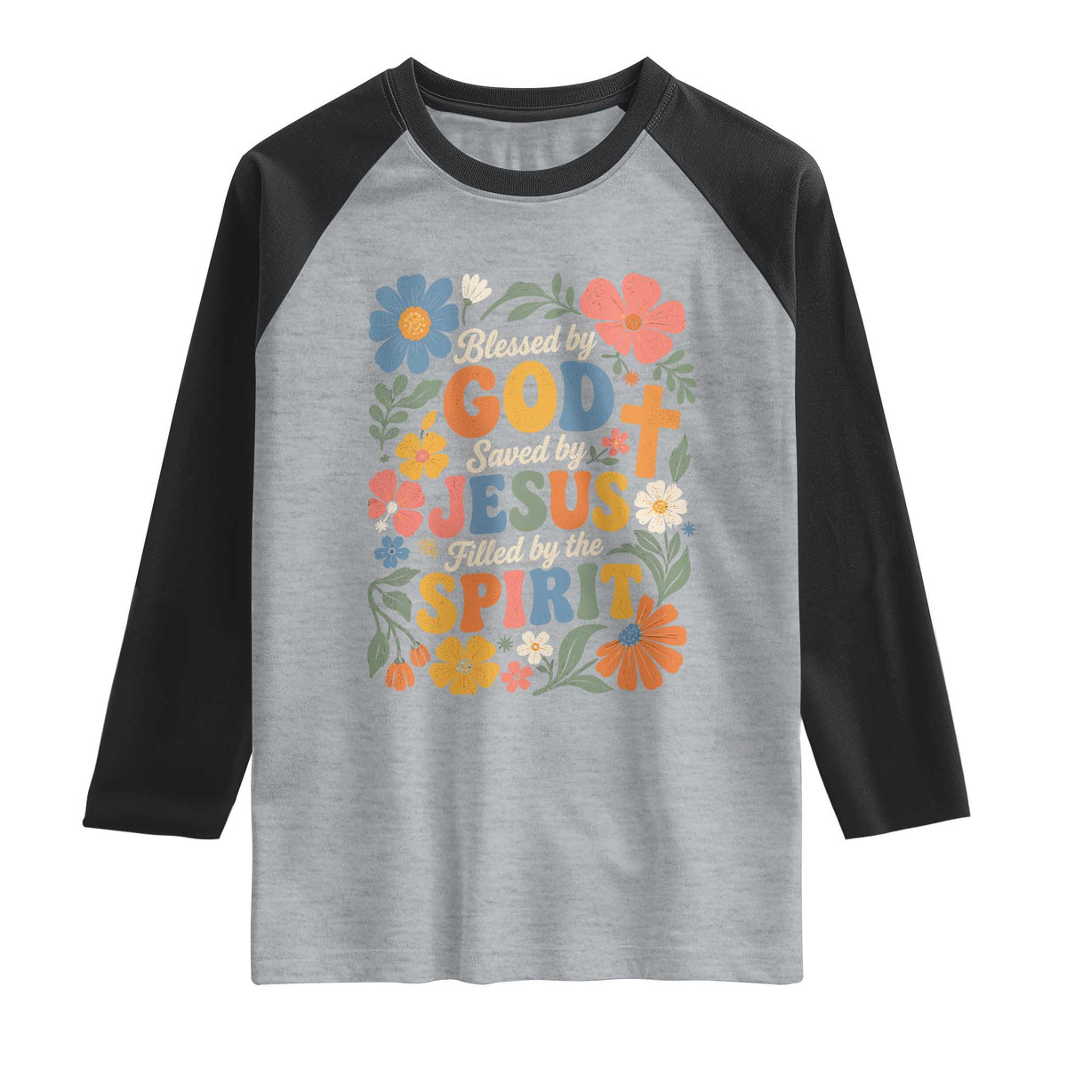 Boho Floral Christian Raglan Shirt Blessed Saved By Jesus Cross Flower TS10 Heather Gray Black Print Your Wear