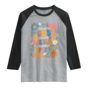 Boho Floral Christian Raglan Shirt Blessed Saved By Jesus Cross Flower TS10 Heather Gray Black Print Your Wear