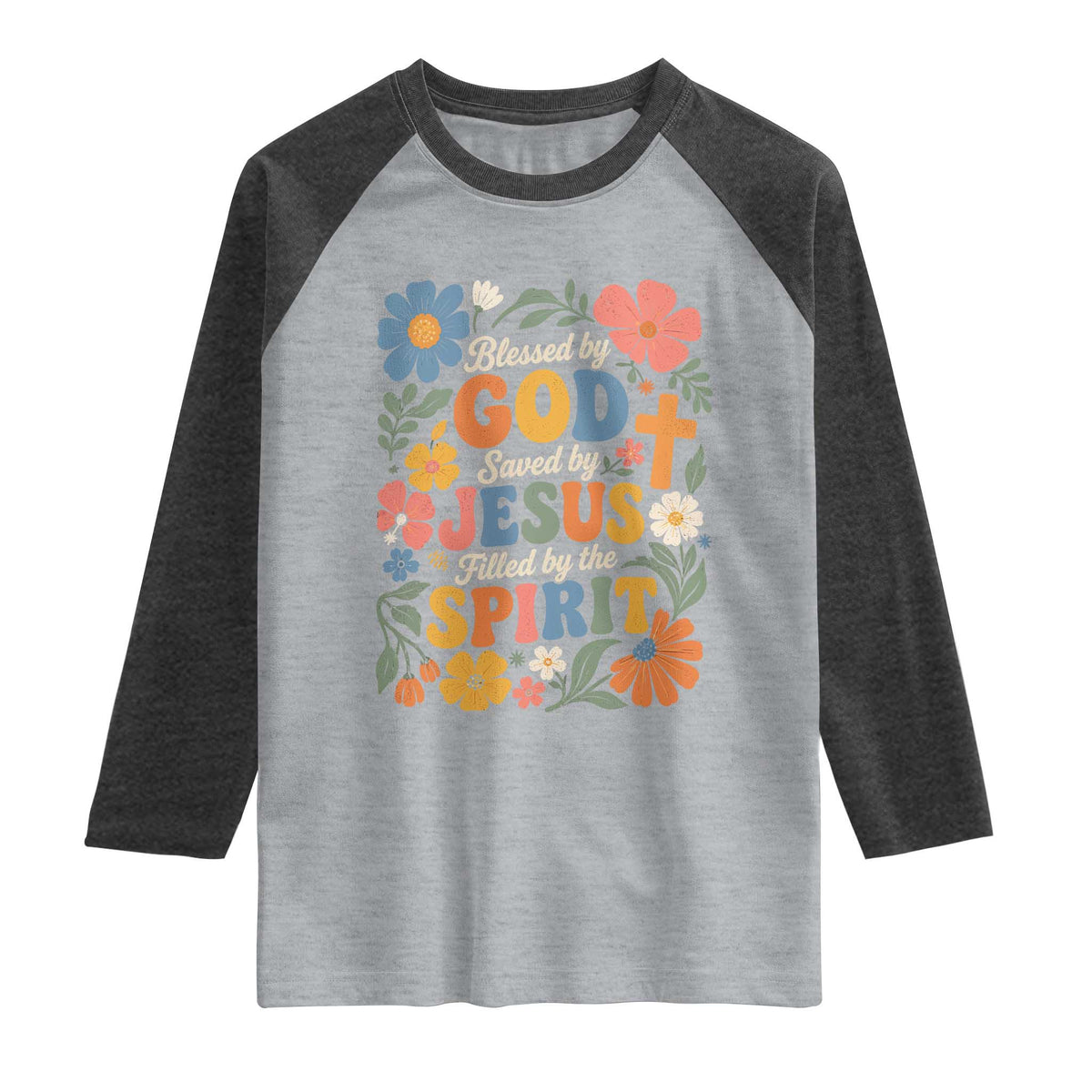 Boho Floral Christian Raglan Shirt Blessed Saved By Jesus Cross Flower TS10 Heather Gray Heather Charcoal Print Your Wear