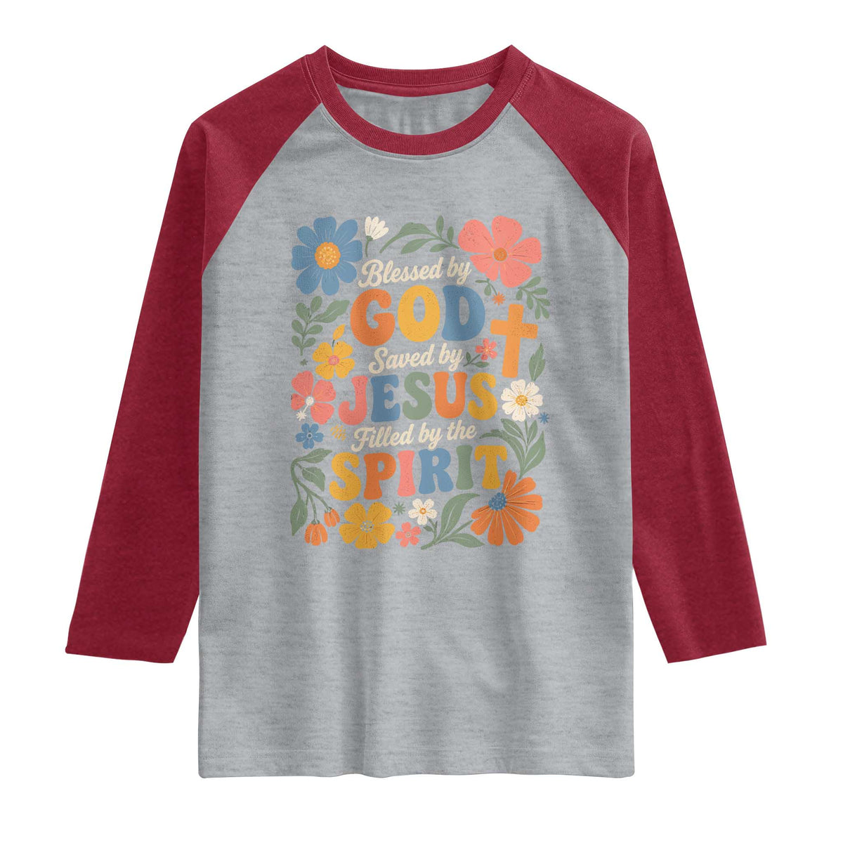 Boho Floral Christian Raglan Shirt Blessed Saved By Jesus Cross Flower TS10 Heather Gray Heather Red Print Your Wear
