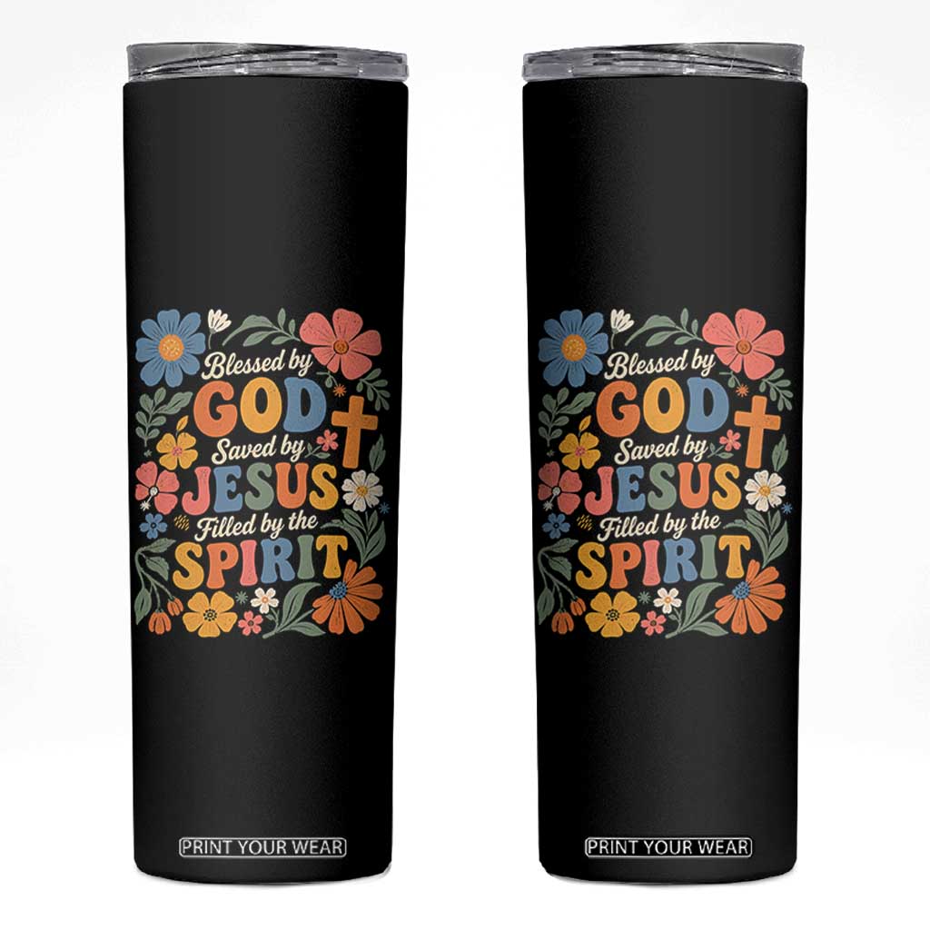 Boho Floral Christian Skinny Tumbler Blessed Saved By Jesus Cross Flower TS10 Black Print Your Wear