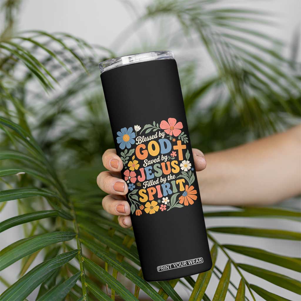 Boho Floral Christian Skinny Tumbler Blessed Saved By Jesus Cross Flower TS10 Print Your Wear