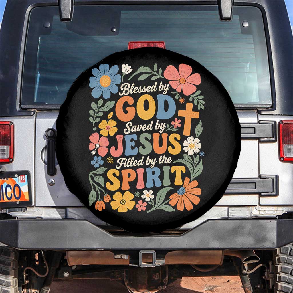 Boho Floral Christian Spare Tire Cover Blessed Saved By Jesus Cross Flower TS10 No hole Black Print Your Wear