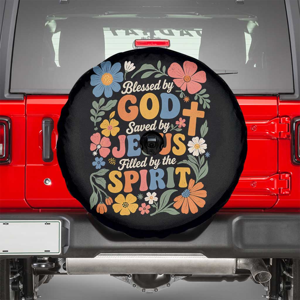 Boho Floral Christian Spare Tire Cover Blessed Saved By Jesus Cross Flower TS10 Black Print Your Wear