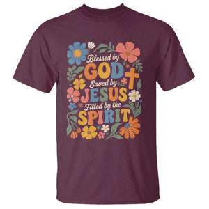 Boho Floral Christian T Shirt Blessed Saved By Jesus Cross Flower TS10 Maroon Print Your Wear