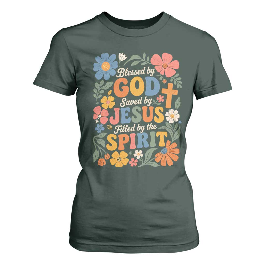 Boho Floral Christian T Shirt For Women Blessed Saved By Jesus Cross Flower TS10 Dark Forest Green Print Your Wear