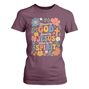 Boho Floral Christian T Shirt For Women Blessed Saved By Jesus Cross Flower TS10 Maroon Print Your Wear