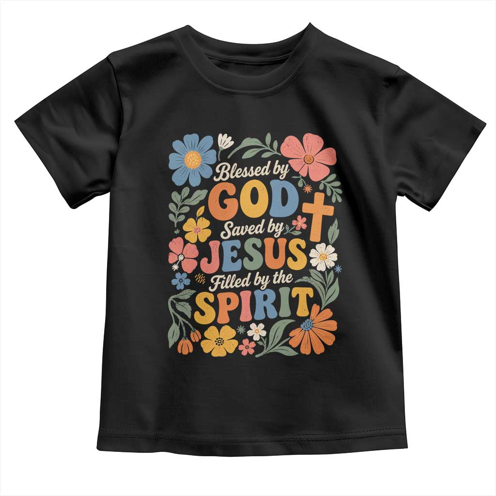 Boho Floral Christian Toddler T Shirt Blessed Saved By Jesus Cross Flower TS10 Black Print Your Wear