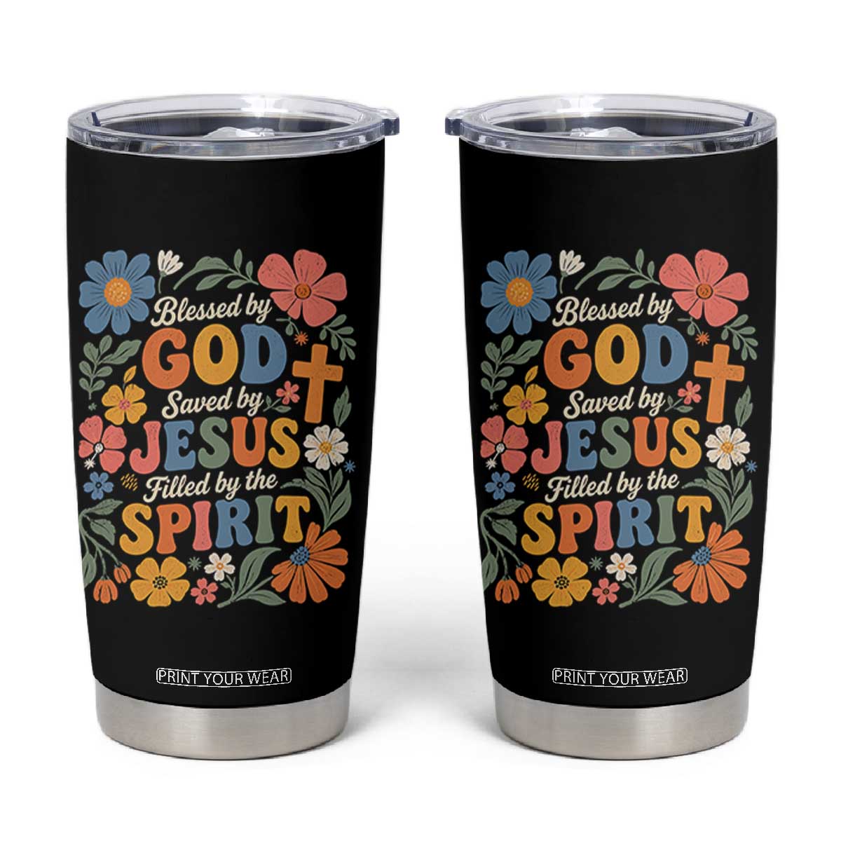 Boho Floral Christian Tumbler Cup Blessed Saved By Jesus Cross Flower TS10 Black Print Your Wear