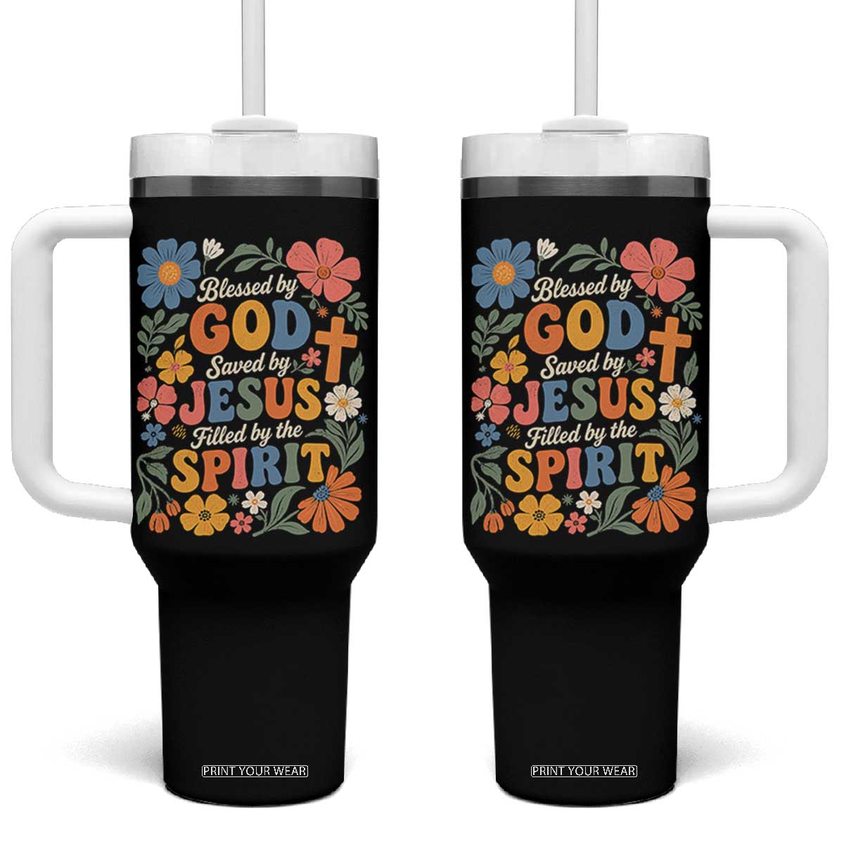 Boho Floral Christian Tumbler With Handle Blessed Saved By Jesus Cross Flower TS10 One Size: 40 oz Black Print Your Wear