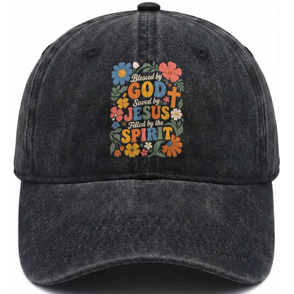 Boho Floral Christian Washed Cotton Baseball Cap Blessed Saved By Jesus Cross Flower TS10 Print Your Wear