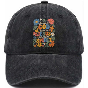 Boho Floral Christian Washed Cotton Baseball Cap Blessed Saved By Jesus Cross Flower TS10 Print Your Wear