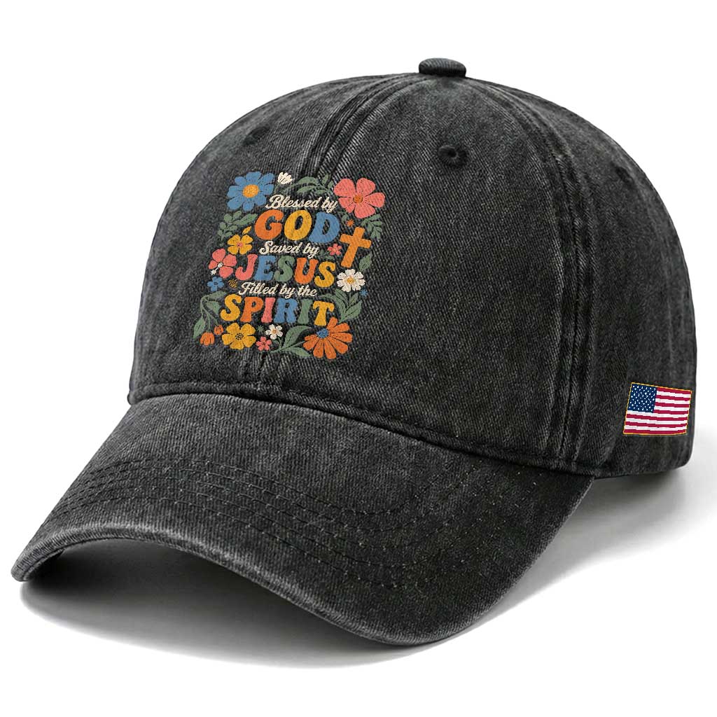 Boho Floral Christian Washed Cotton Baseball Cap Blessed Saved By Jesus Cross Flower TS10 Print Your Wear