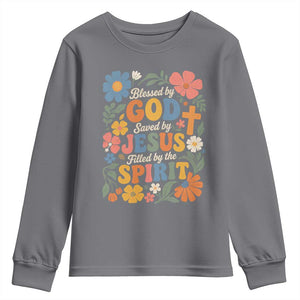 Boho Floral Christian Youth Sweatshirt Blessed Saved By Jesus Cross Flower TS10 Charcoal Print Your Wear