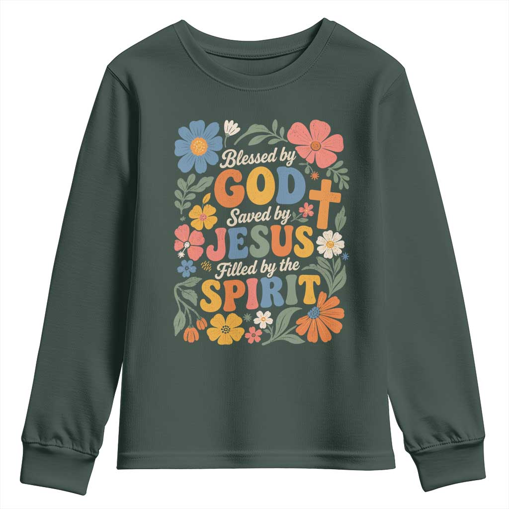 Boho Floral Christian Youth Sweatshirt Blessed Saved By Jesus Cross Flower TS10 Dark Forest Green Print Your Wear