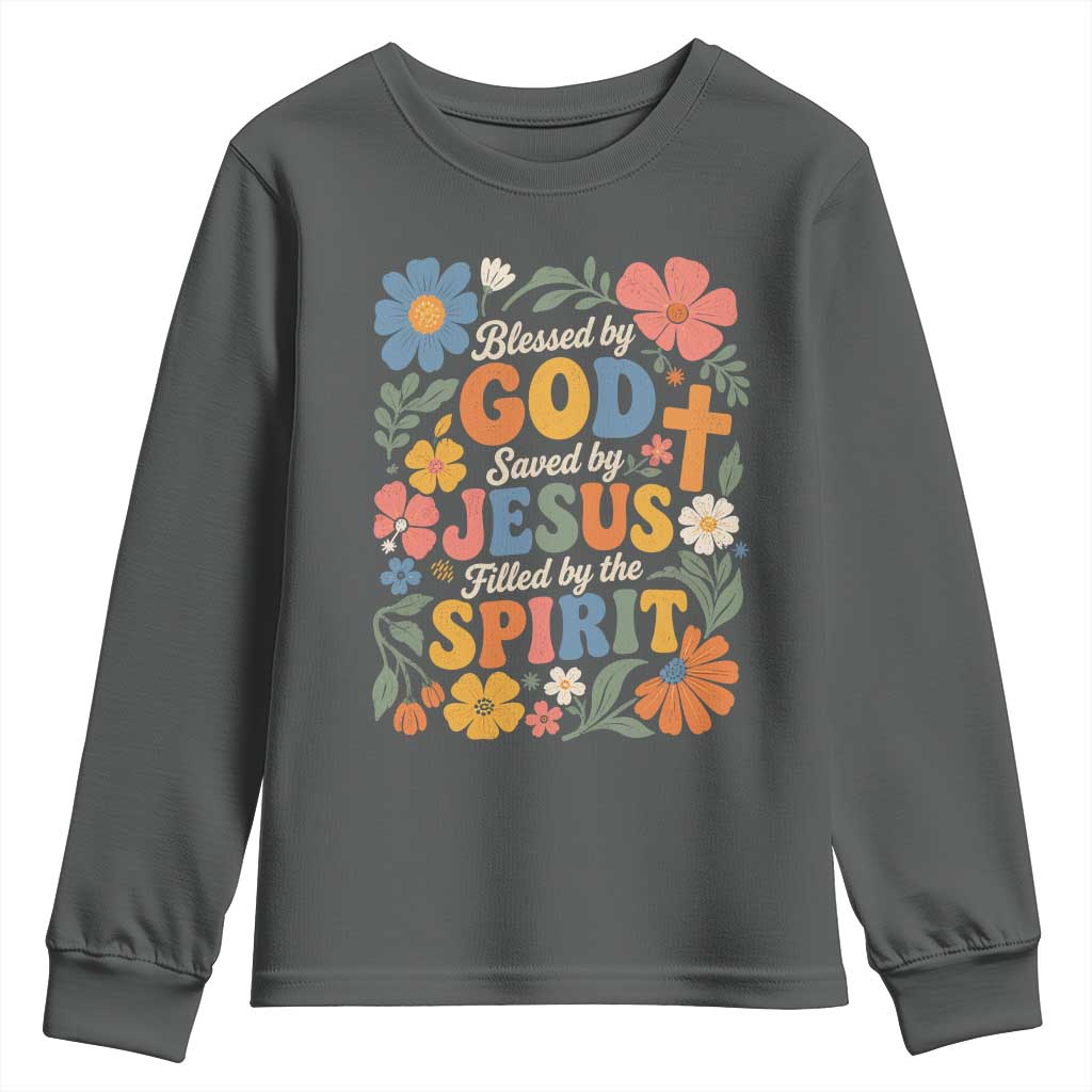 Boho Floral Christian Youth Sweatshirt Blessed Saved By Jesus Cross Flower TS10 Dark Heather Print Your Wear