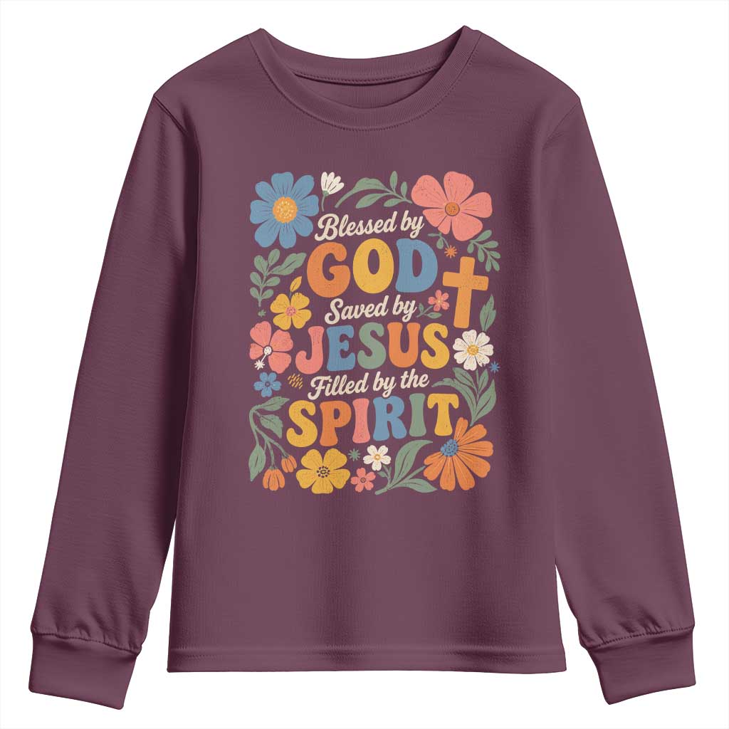 Boho Floral Christian Youth Sweatshirt Blessed Saved By Jesus Cross Flower TS10 Maroon Print Your Wear