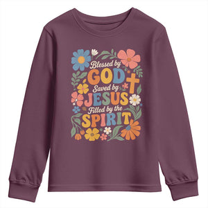 Boho Floral Christian Youth Sweatshirt Blessed Saved By Jesus Cross Flower TS10 Maroon Print Your Wear